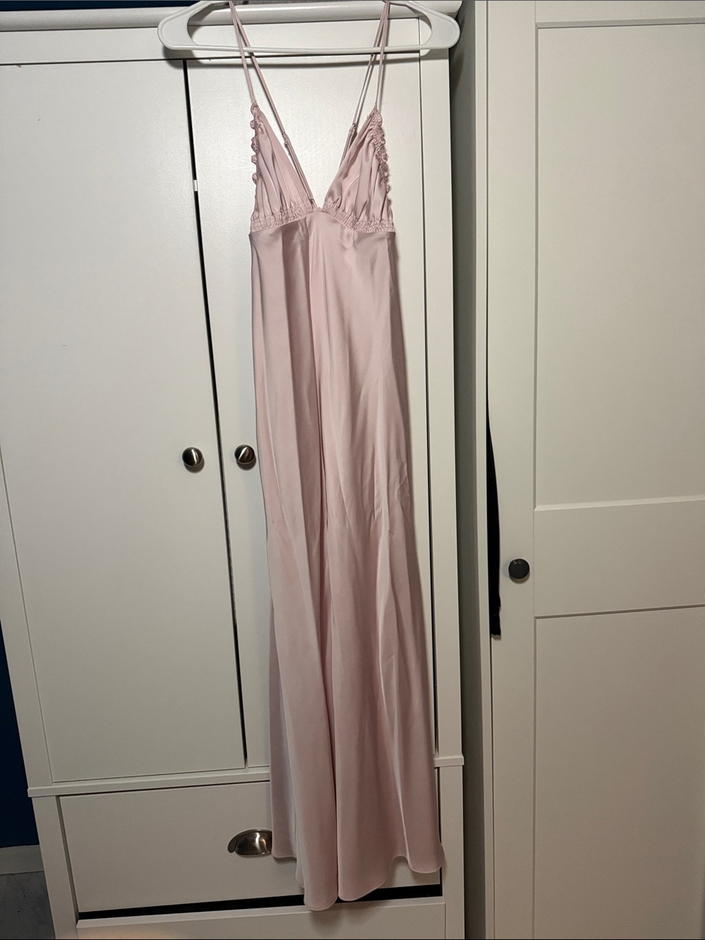 Zara Blush Pink Satin Long Slip Chemise with Lace Trim
